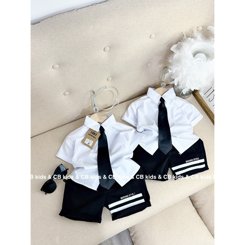 Bộ bé trai,Sét áo sơ mi cà vạt quần kẻ ngang cho bé 10 đến 20kg B0210