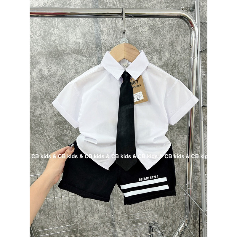 Bộ bé trai,Sét áo sơ mi cà vạt quần kẻ ngang cho bé 10 đến 20kg B0210