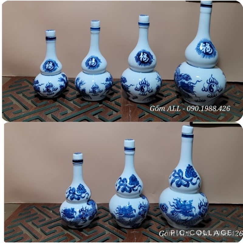Nậm 2 bầu họa tiết rồng mây men trắng bày ban thờ cúng gia tiên sứ Bát Tràng.