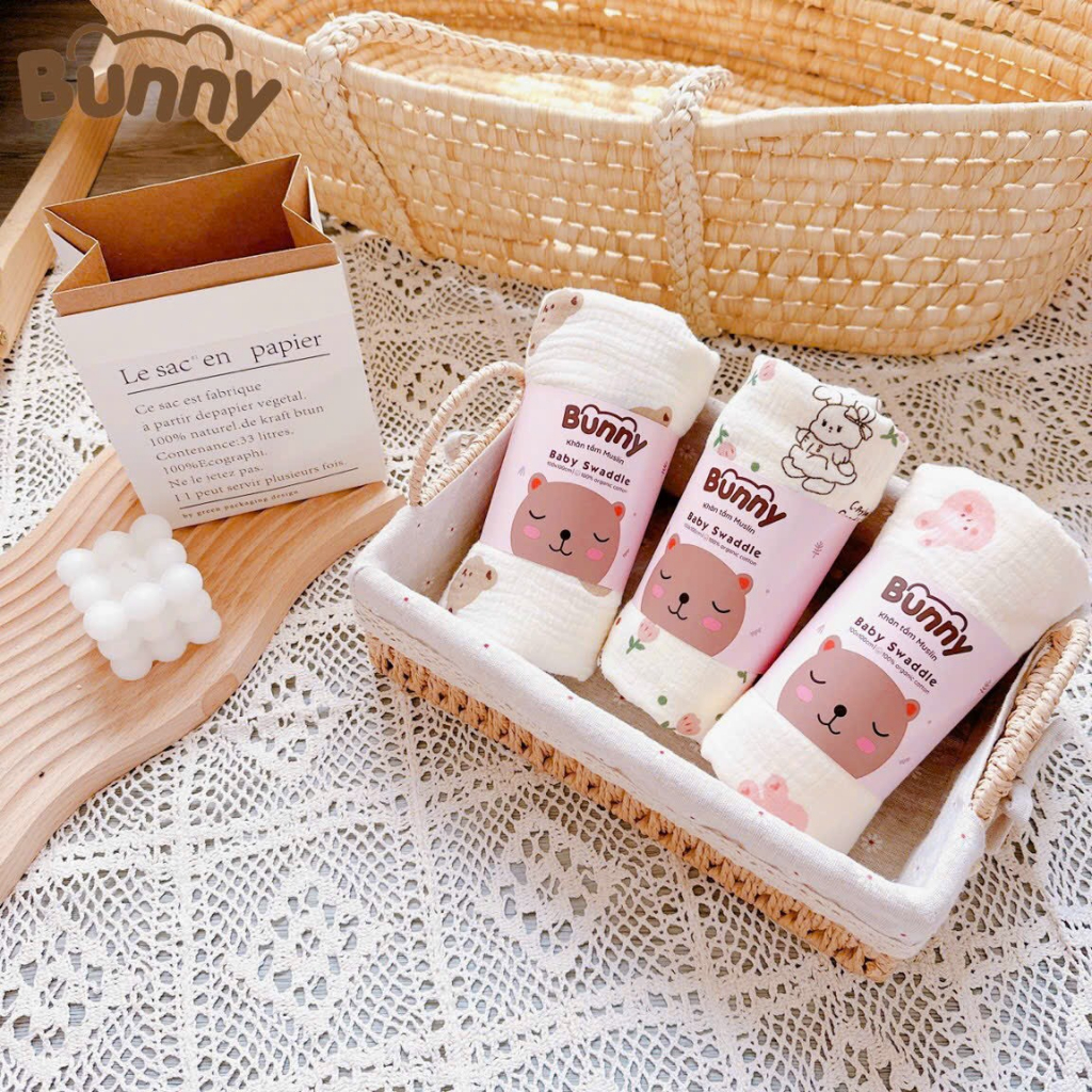 Khăn Tắm Vải Xô Muslin Organic Bunny Cho Bé - Khăn Đa Năng/ Khăn Tắm Xô Cho Bé Vải Xô Muslin Mềm Mại Thấm Hút Cho Bé