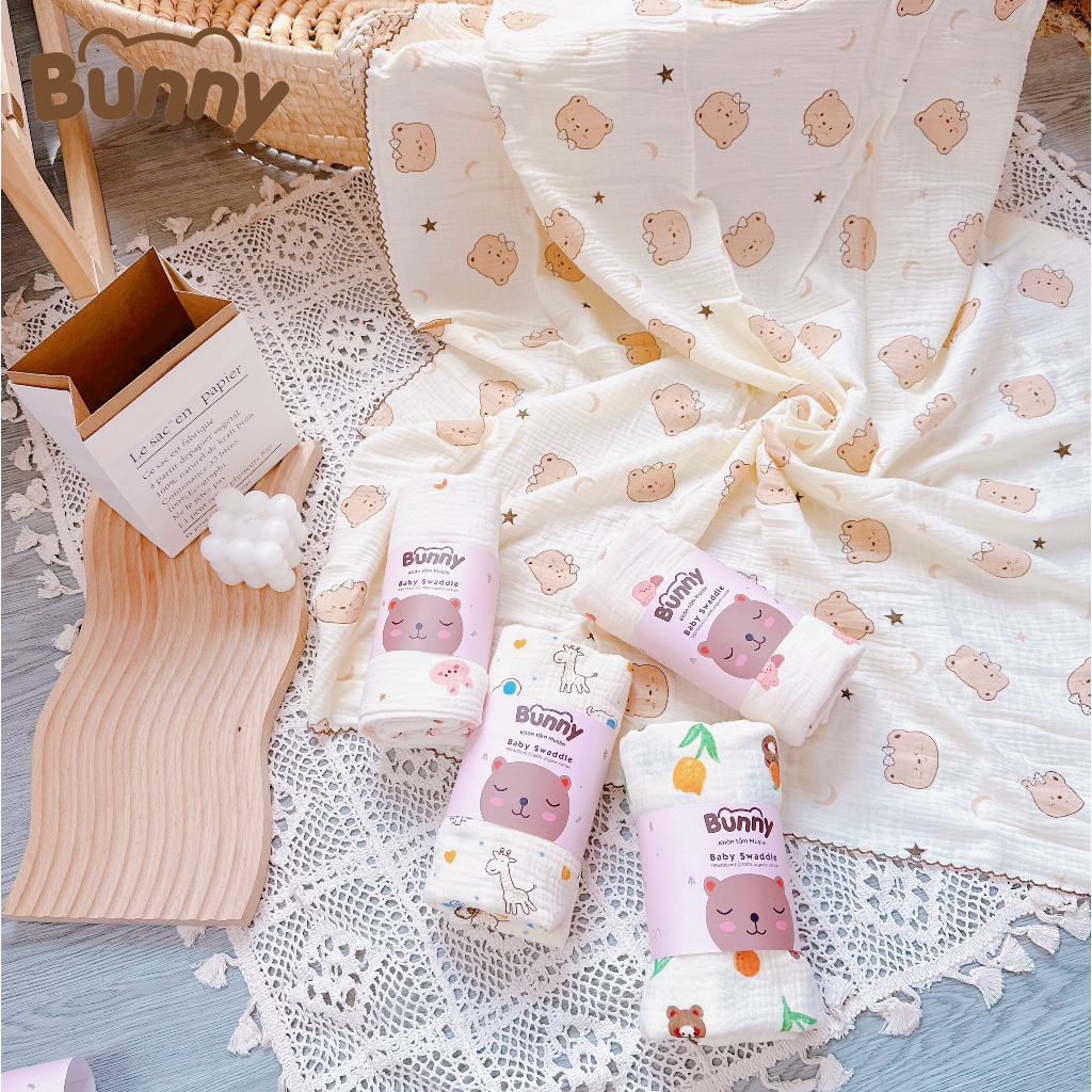 Khăn Tắm Vải Xô Muslin Organic Bunny Cho Bé - Khăn Đa Năng/ Khăn Tắm Xô Cho Bé Vải Xô Muslin Mềm Mại Thấm Hút Cho Bé