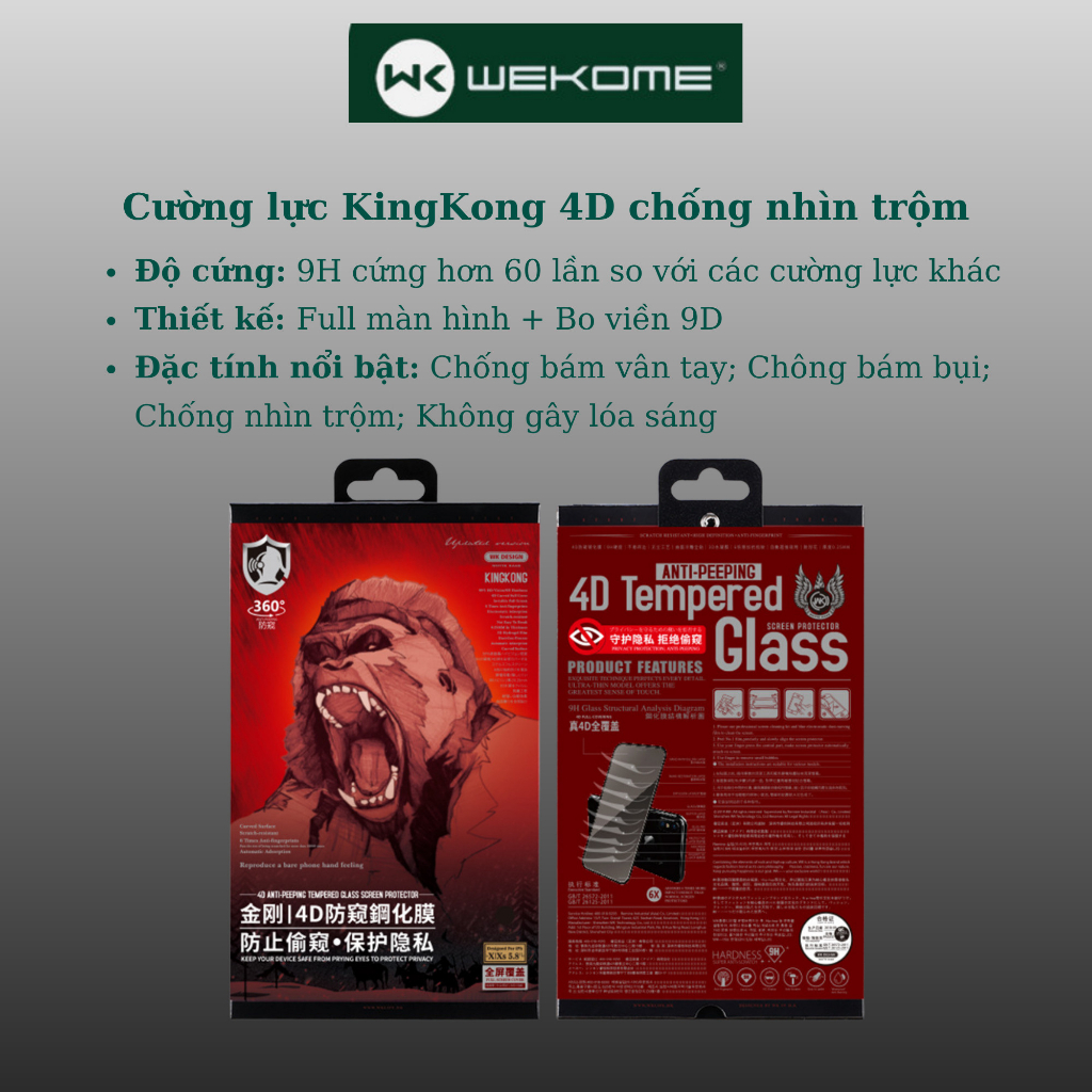 Kính cường lực iphone chống nhìn trộm Wekome King Kong 4D, miếng dán bảo vệ màn hình điện thoại ip full màn i.p 6 đến 14