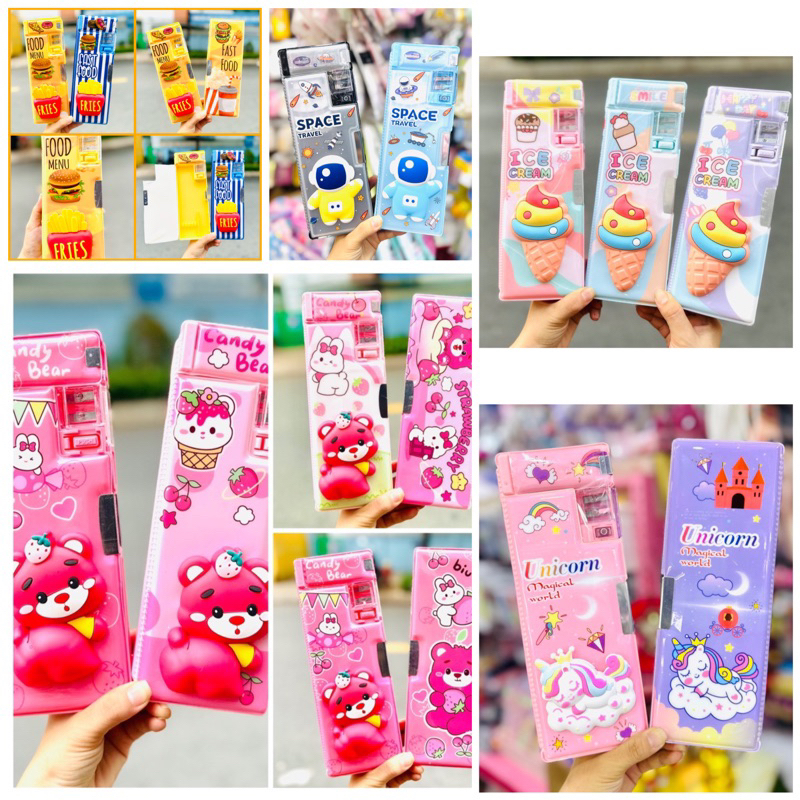 Hộp Bút Hít 2 Mặt Mẫu Mochi Gấu Dâu, Unicorn, Nước Ngọt, Kem Ốc Quế Siêu Cute Cho Bé