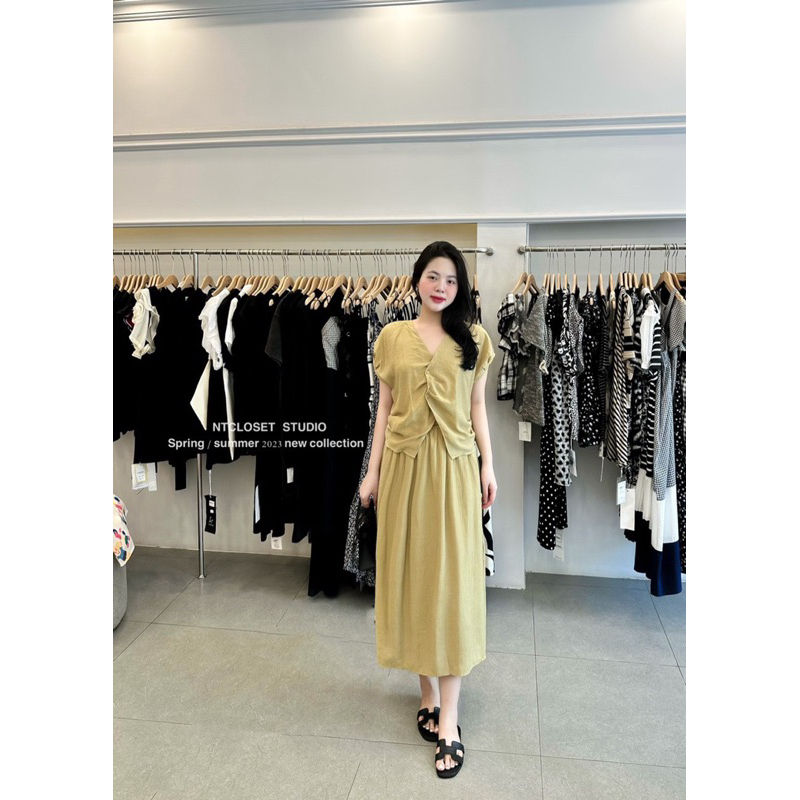 SALE Set áo mix chân váy midi tơ tăm ntcloset freesz