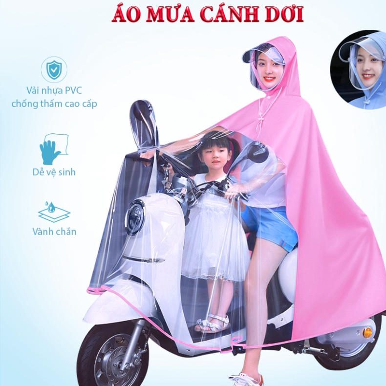 Áo mưa trong suốt có kính che mặt tiện lợi cho mẹ và bé - Áo mưa 2 đầu hàng nội địa trung cao cấp cho mẹ và bé