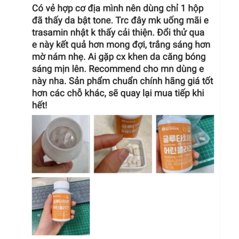 Viên uống kích trắng Glutathione&Collagen thủy phân Hàn Quốc hộp 60v