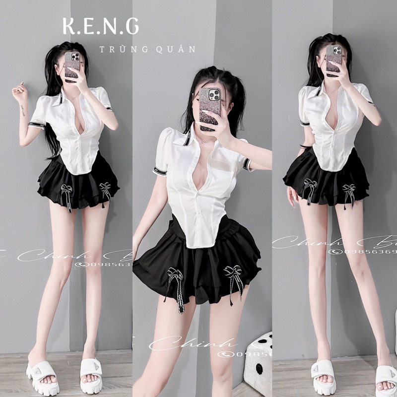Đầm xoè phối áo sơ mi trẻ trung đi phố