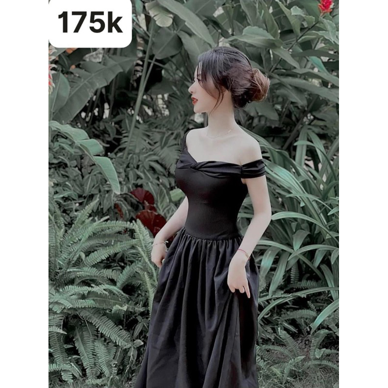 Đầm maxi dài trễ vai hàng quảng châu, váy xoè đi biển VD920