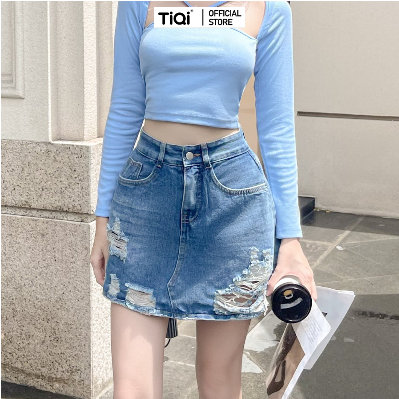 Chân váy Jean ngắn rách dáng chữ A có lót quần cạp cao TiQi Jeans V1-482