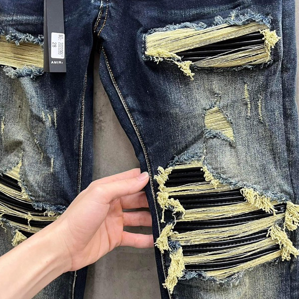 Quần Vẩy Sơn Amiri Xanh Loang Vàng Lót Da Chất Co Giãn Quần bò Jean nam xanh bụi chất nhăn khóa ống zip