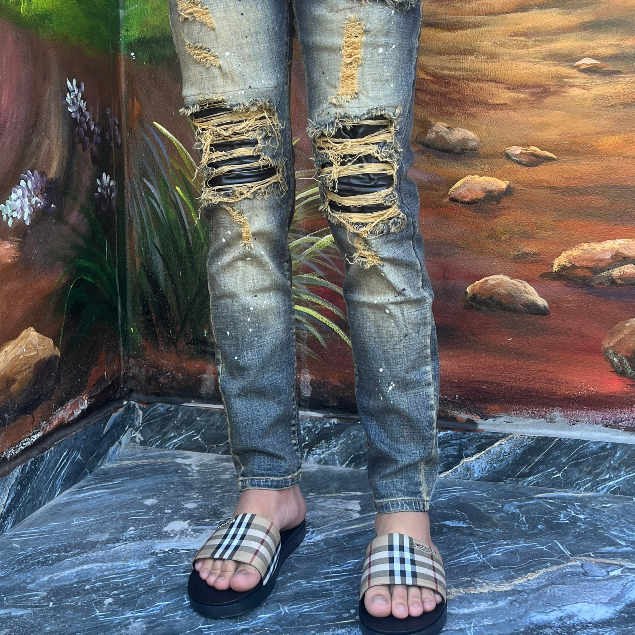 Quần Vẩy Sơn Amiri Xanh Loang Vàng Lót Da Chất Co Giãn Quần bò Jean nam xanh bụi chất nhăn khóa ống zip