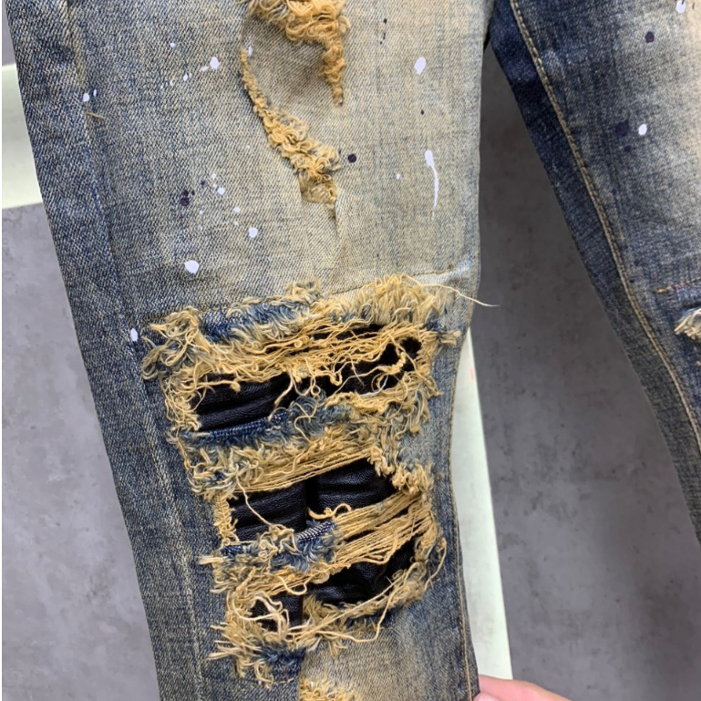 Quần Vẩy Sơn Amiri Xanh Loang Vàng Lót Da Chất Co Giãn Quần bò Jean nam xanh bụi chất nhăn khóa ống zip