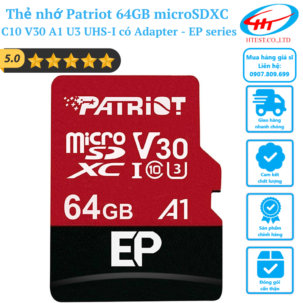 Thẻ nhớ Patriot 64GB microSDXC C10 V30 A1 U3 UHS-I có Adapter - EP series - BH 5 năm
