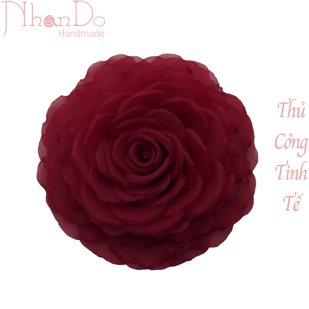 Hoa cài áo thủ công cao cấp- Hồng voan BIG SIZE- Màu đỏ- size 15cm- Vải voan- Hoa vải Nhando Handmade