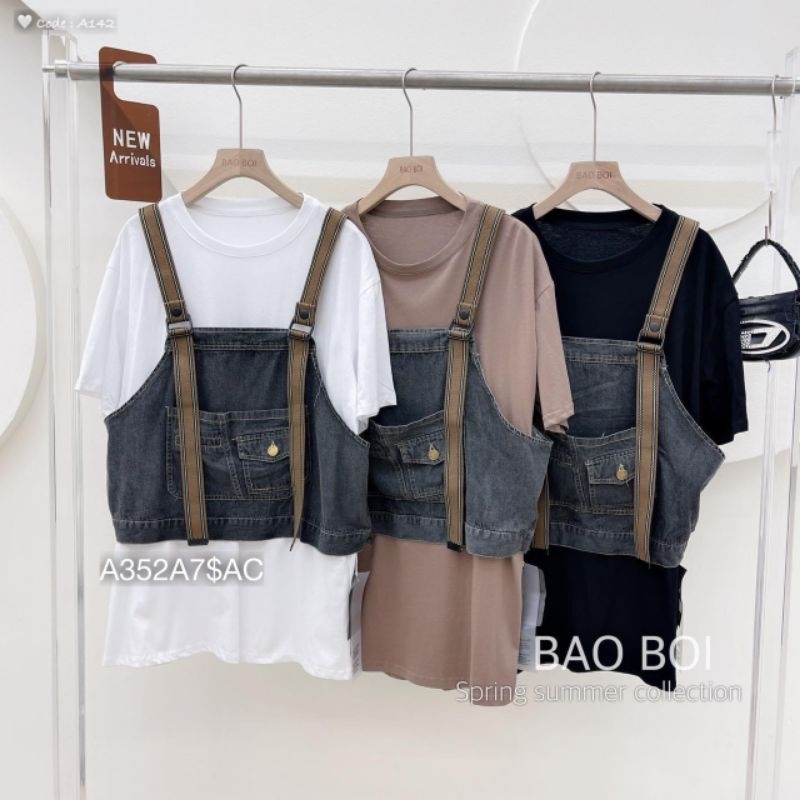 Áo Phông Ctong Phối Yếm Bò Áo Thun Thụng Tay Lỡ Phối Bò Hai Dây Nâu Giả Yếm Dáng Rộng Kiểu Ulzzang Cá Tính