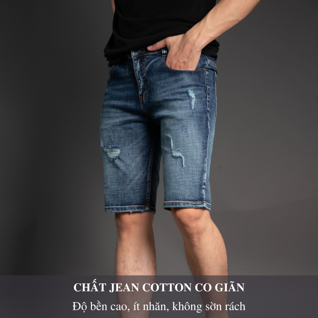 Quần Short Jean Nam Dáng Ôm Slimfit Rách Xước H90 Cao Cấp Chất Bò Co Giãn J021