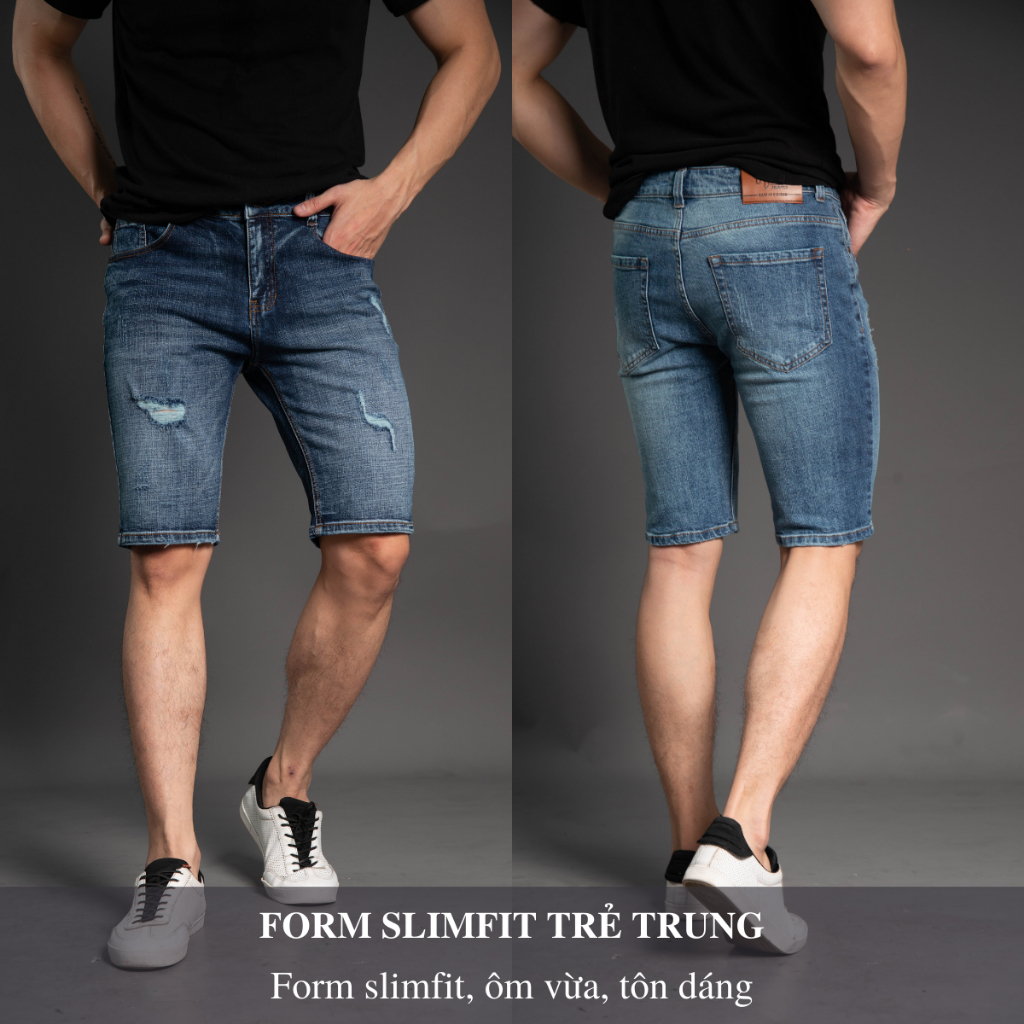 Quần Short Jean Nam Dáng Ôm Slimfit Rách Xước H90 Cao Cấp Chất Bò Co Giãn J021