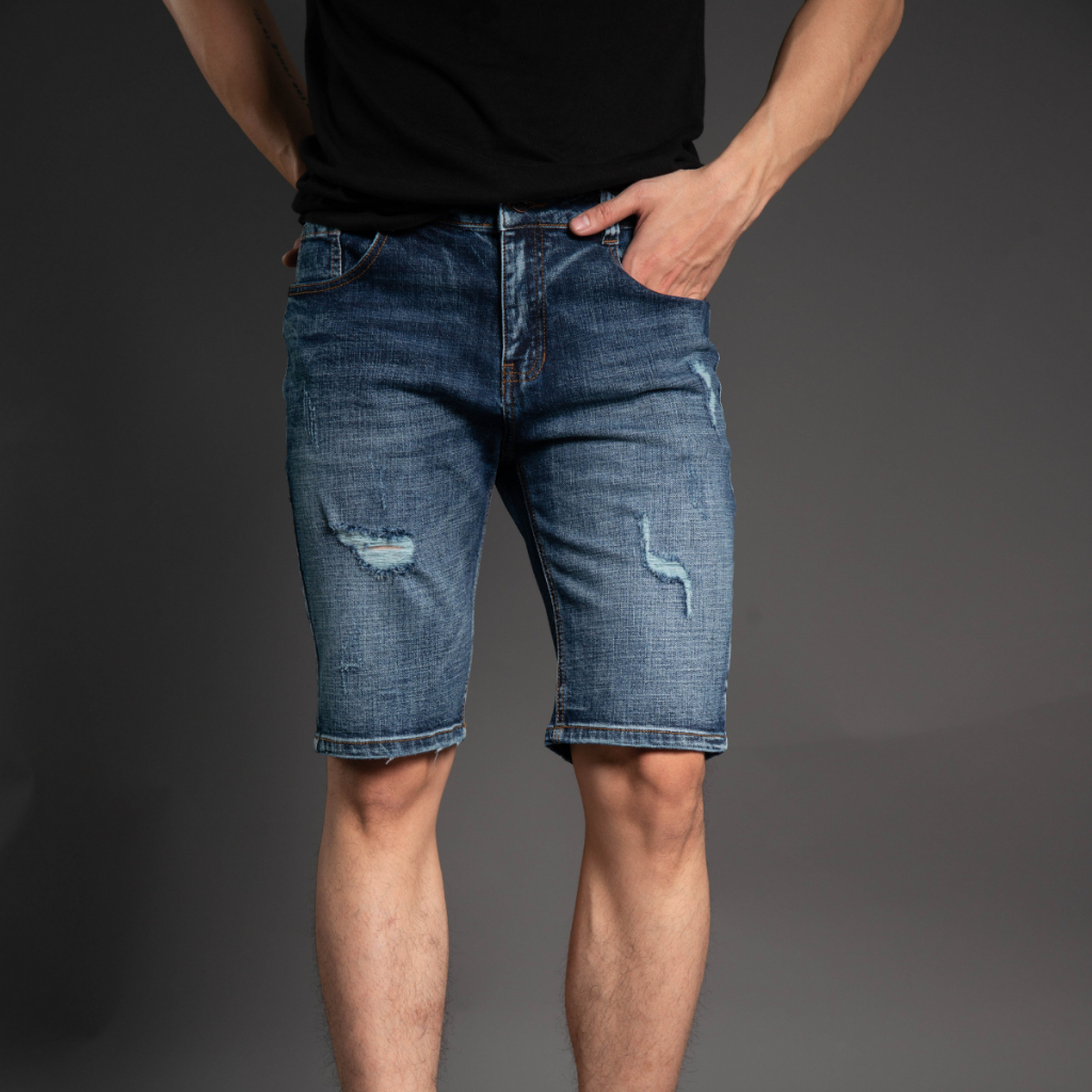 Quần Short Jean Nam Dáng Ôm Slimfit Rách Xước H90 Cao Cấp Chất Bò Co Giãn J014