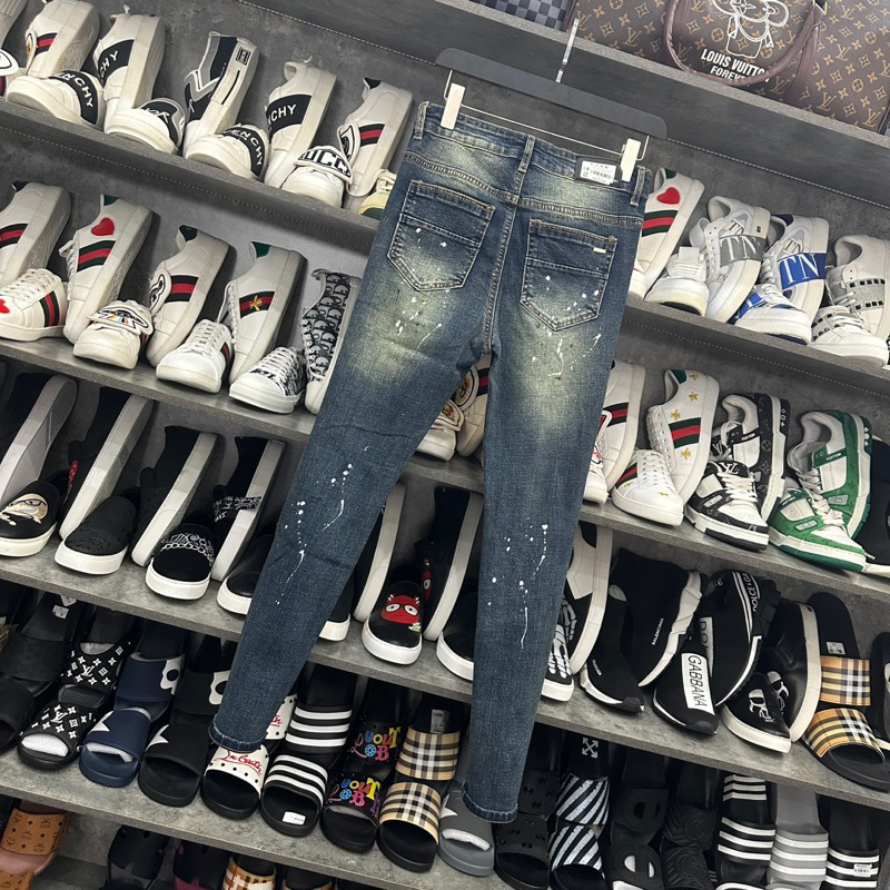 Quần AMIRI 4 Khuy Xanh Bụi Gối Vá Phối Ống Loang Vàng Quần Jean bò nam slimfit wash xanh khói rách xước Amiri