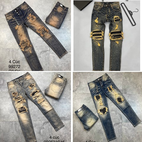 Quần AMIRI 4 Khuy Xanh Bụi Gối Vá Phối Ống Loang Vàng Quần Jean bò nam slimfit wash xanh khói rách xước Amiri