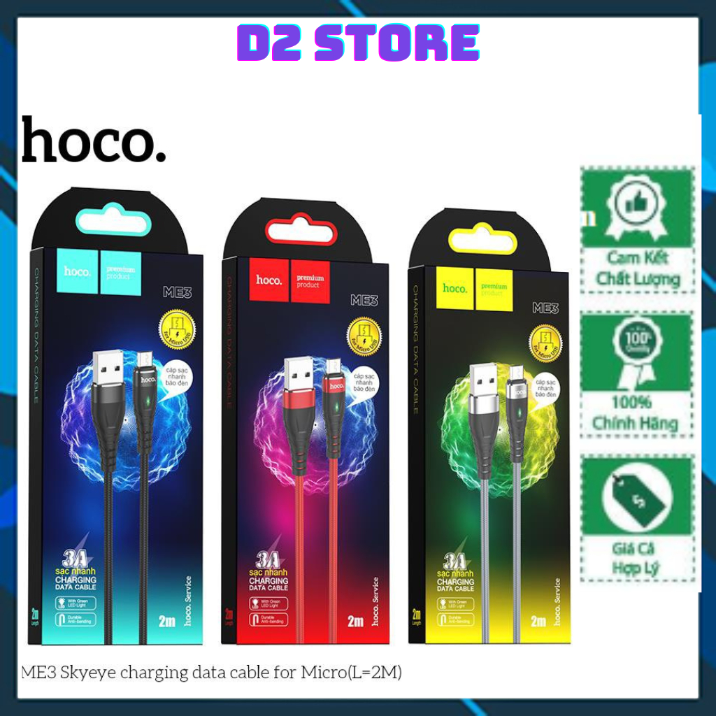 [Bảo hành 6 tháng]Cáp Sạc Dù Báo Đèn - Me3 Dài 2m Chất Liệu Hợp Kim- D2 store