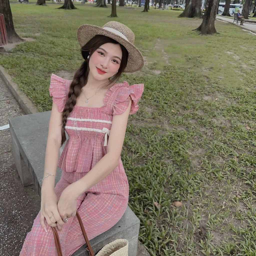 Sét bộ caro áo cánh tiên viền dây trăng có nơ xinh xắn chất thoáng mát