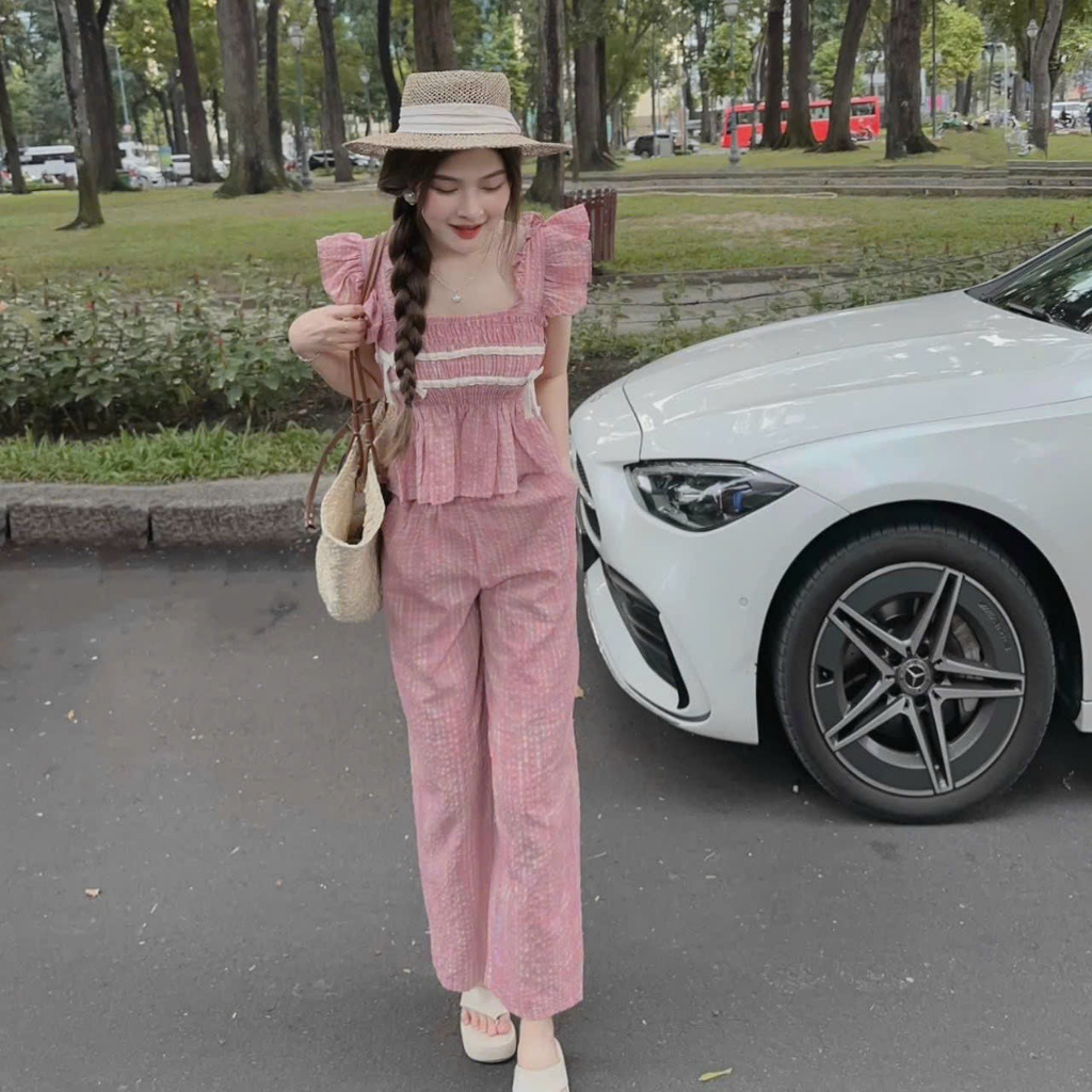 Sét bộ caro áo cánh tiên viền dây trăng có nơ xinh xắn chất thoáng mát