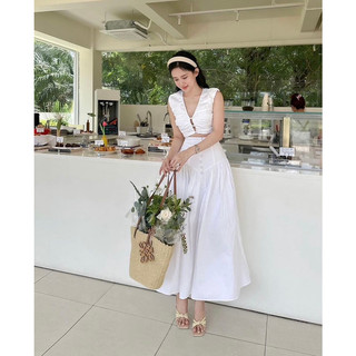 Set Váy Tiểu Thư Áo Sát Nách Cổ V Croptop Mix Chân Váy Xòe Dáng Dài V5001