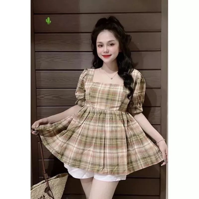 Áo kiểu nữ baby doll caro nơ lưng phong cách vintage