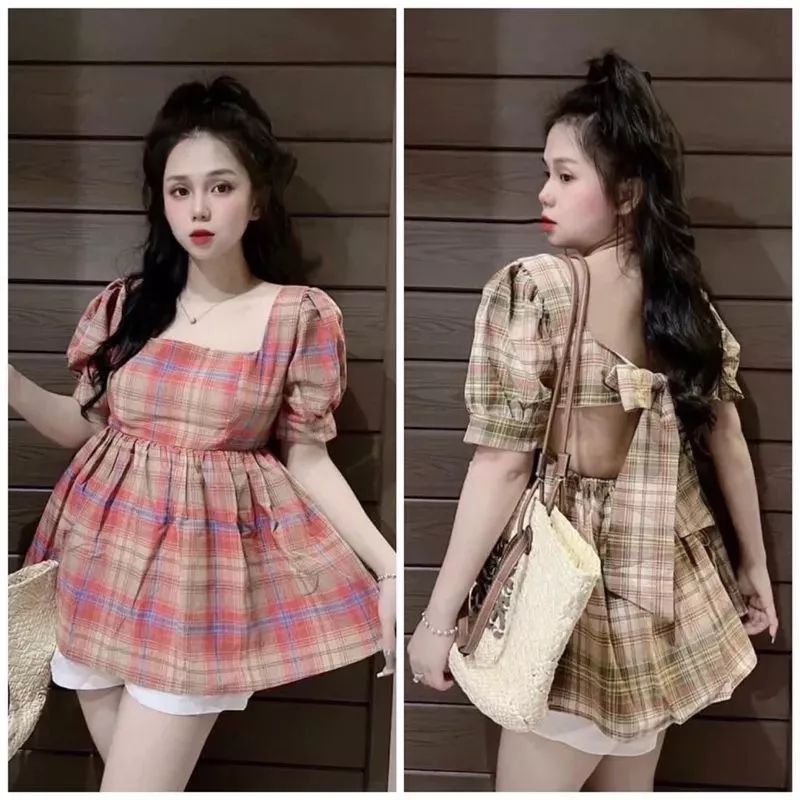 Áo kiểu nữ baby doll caro nơ lưng phong cách vintage