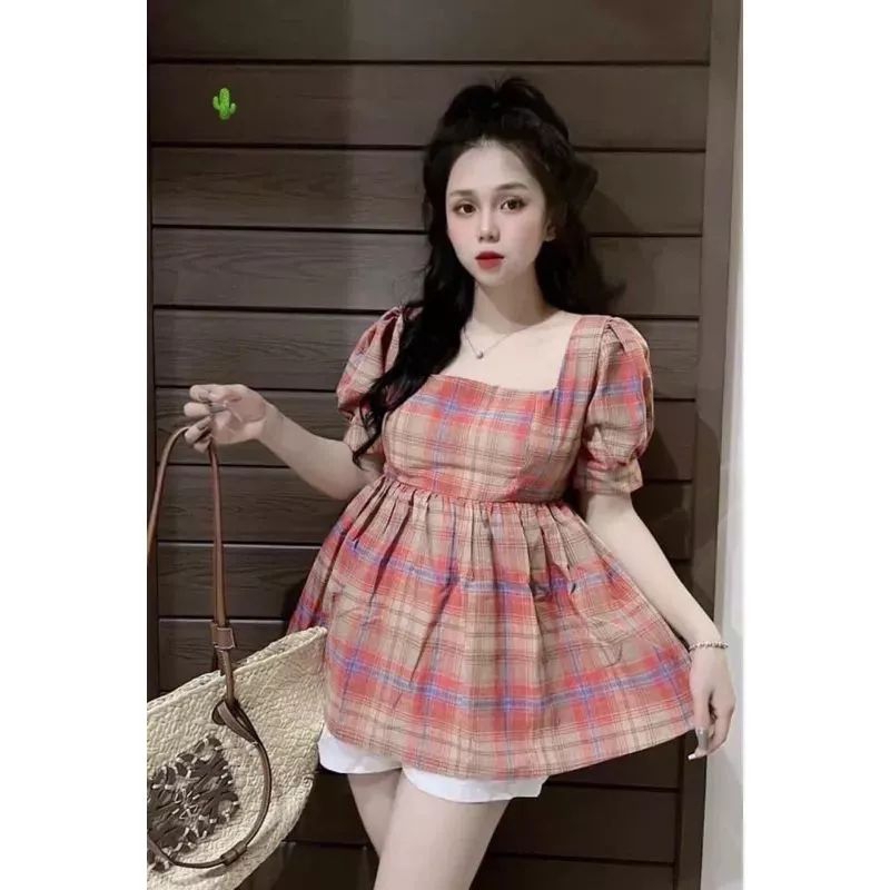 Áo kiểu nữ baby doll caro nơ lưng phong cách vintage
