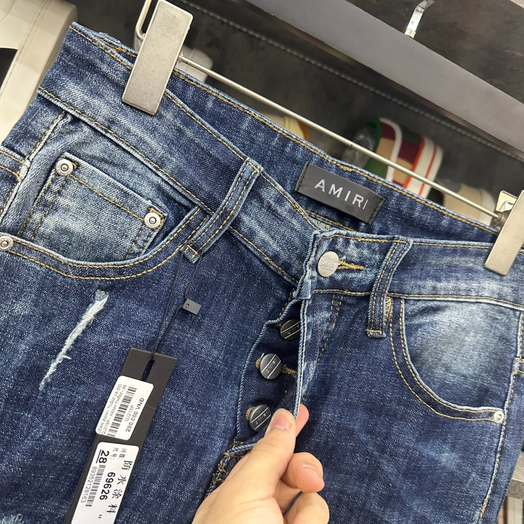 Quần AMIRI 4 Khuy Xanh Bụi Gối Vá Phối Ống Loang Vàng Quần Jean bò nam slimfit wash xanh khói rách xước Amiri