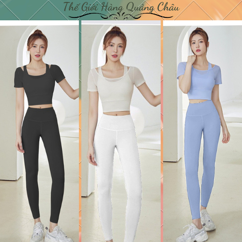 Bộ Quần Áo Tâp GYM Nữ Cao Cấp, Set YOGA Nữ Quần Dài, Áo Croptop Vải Co Giãn Hàng Quảng Châu