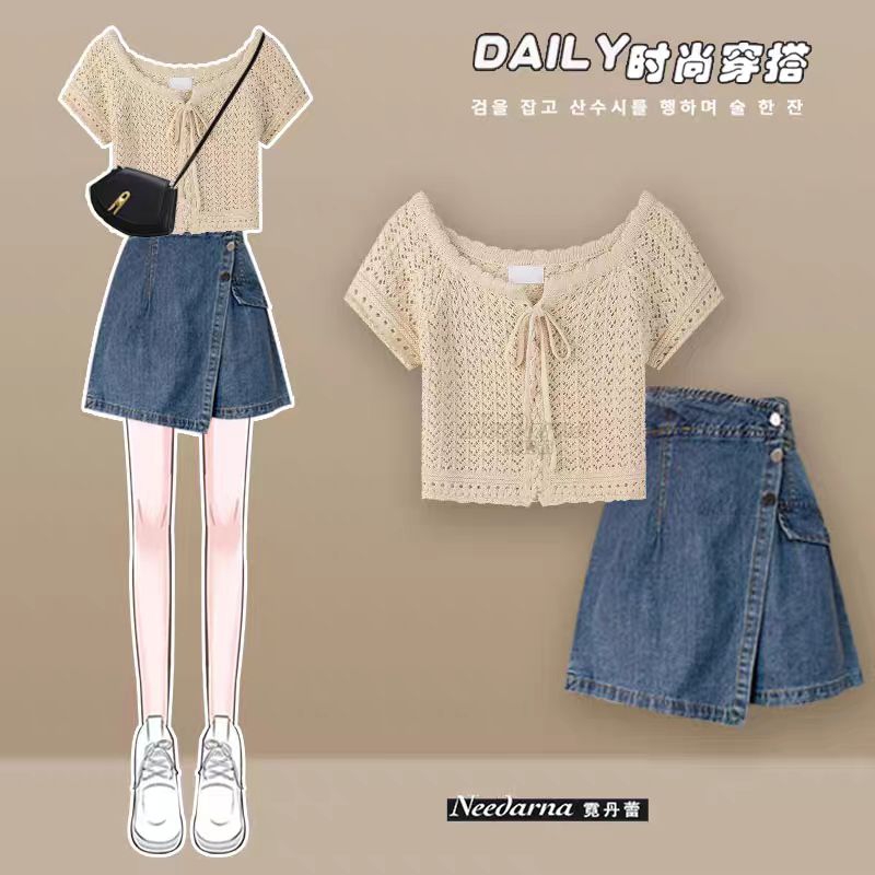[Hàng Order] Set đồ Áo Croptop+ Chân váy bò Jeans phong cách thời trang Hàn Quốc nữ