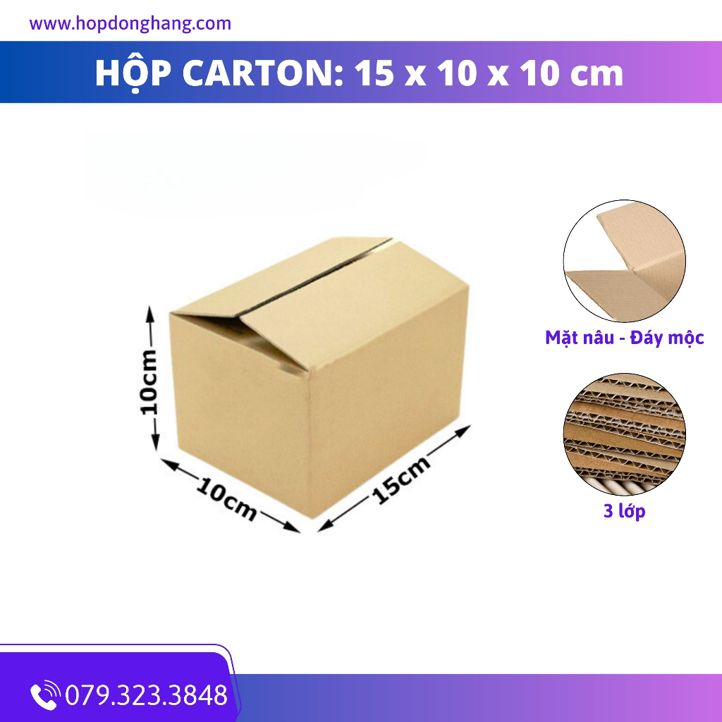 15x10x10 Combo 50 Hộp Carton Đóng Hàng Hộp Ship COD 3 Lớp sóng E Mặt Nâu