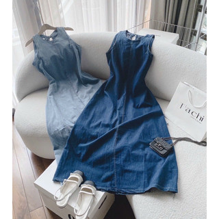 Sp020060 đầm midi jean cổ tròn cutout lưng 2m