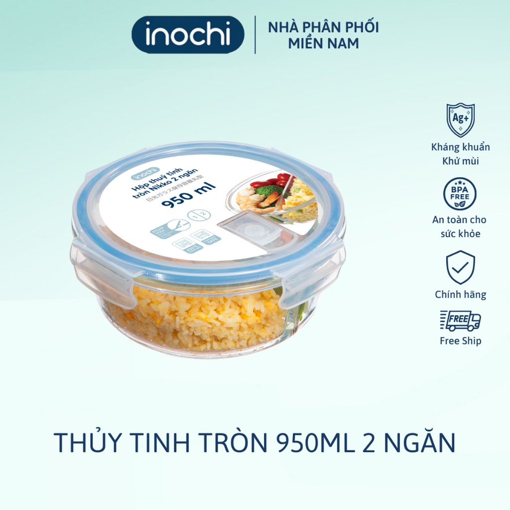 Hộp cơm thủy tinh tròn 2 ngăn 950 ml, đựng thức ăn văn phòng, thực phẩm, Inochi Nikko Nhật Bản, chịu nhiệt cao, Vạn Phúc
