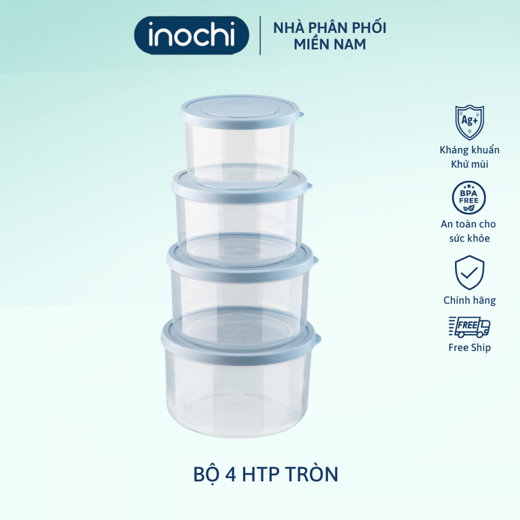 Bộ 4 hộp thực phẩm tròn Inochi Hokkaido 500-1000-1500-2000ml Inochi  chất liệu nhựa PP an toàn sử dụng