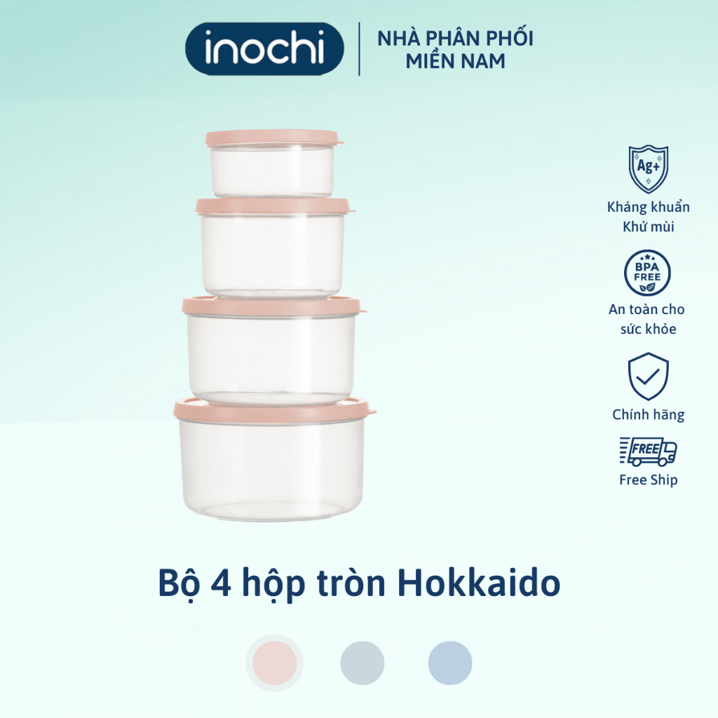 Bộ 4 hộp thực phẩm tròn Inochi Hokkaido 500-1000-1500-2500ml Inochi  chất liệu nhựa PP an toàn sử dụng