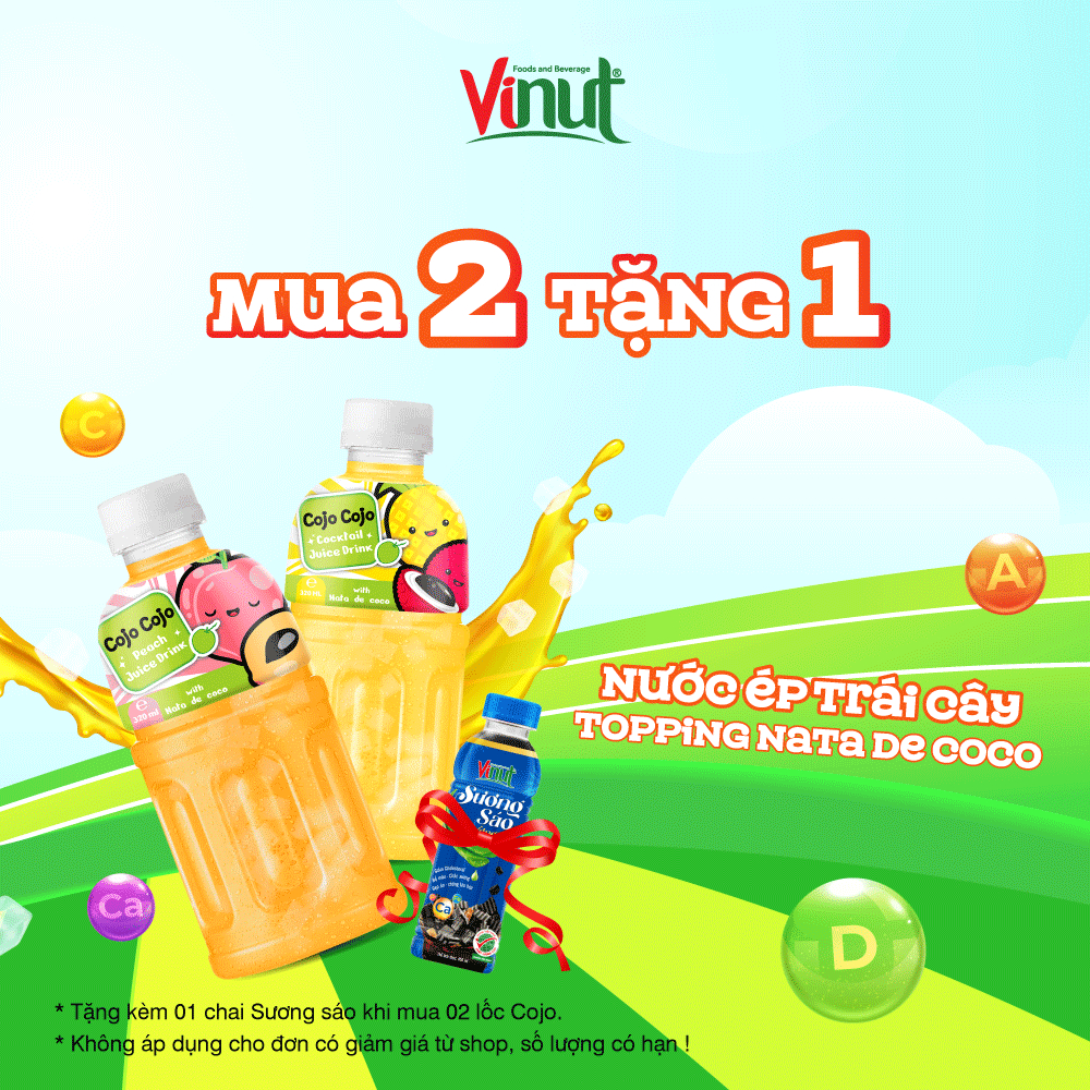 Nước Ép Trái cây Topping Nata de coco 320ml Nhiều hương vị khác nhau: Xoài, Táo, Dâu, Cam, Dừa, Vải, Dưa Lướ