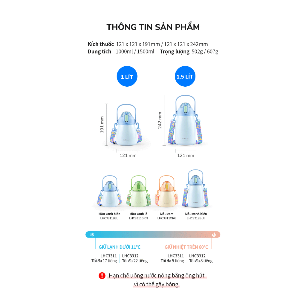 Bình giữ nhiệt LocknLock LHC3311 LHC3312 1lít 1.5 lít-Hàng chính hãng, có ống hút, dây đeo quai xách (ĐỘC QUYỀN JOYMALL)