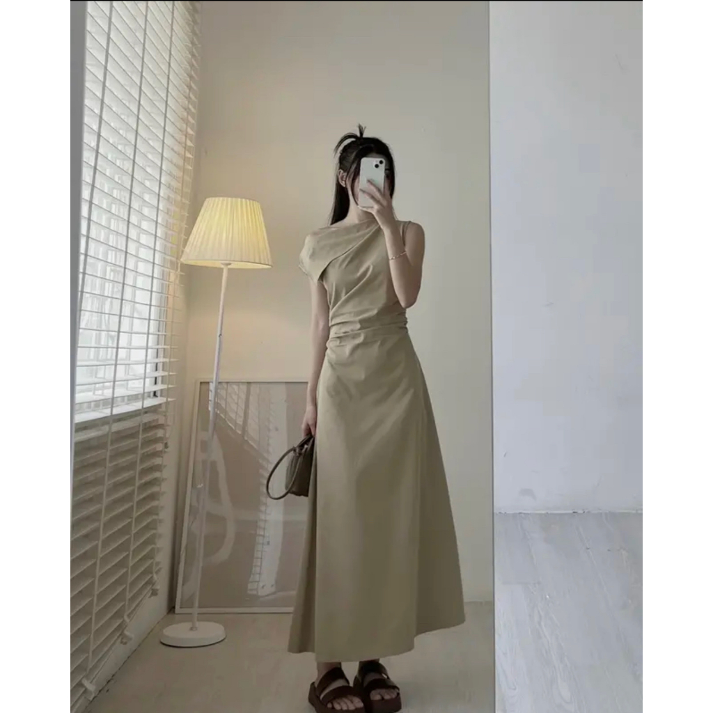 Váy ba lỗ lệch vai chiết ly eo 29feb.closet chất thô mềm dáng xòe dài thiết kế thanh lịch - V120