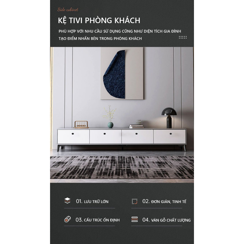 Kệ tivi gỗ để sàn, kệ tivi phòng khách 4 ngăn kéo 1.8m - GP288