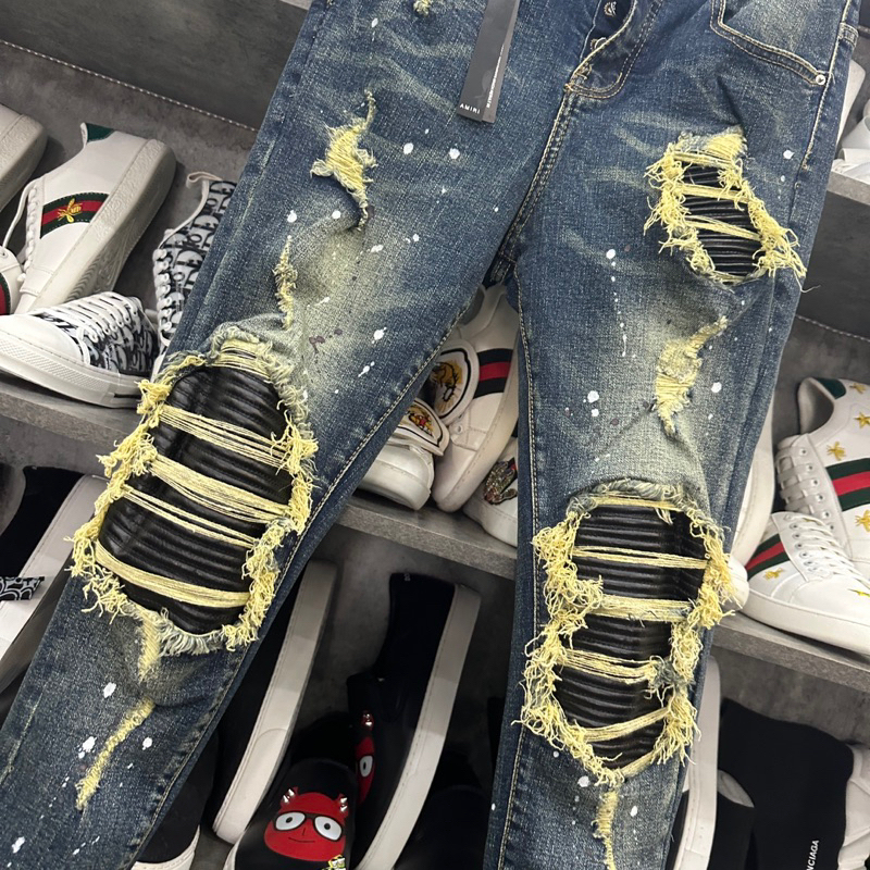 Quần AMIRI 4 Khuy Xanh Bụi Gối Vá Phối Ống Loang Vàng Quần Jean bò nam slimfit wash xanh khói rách xước Amiri