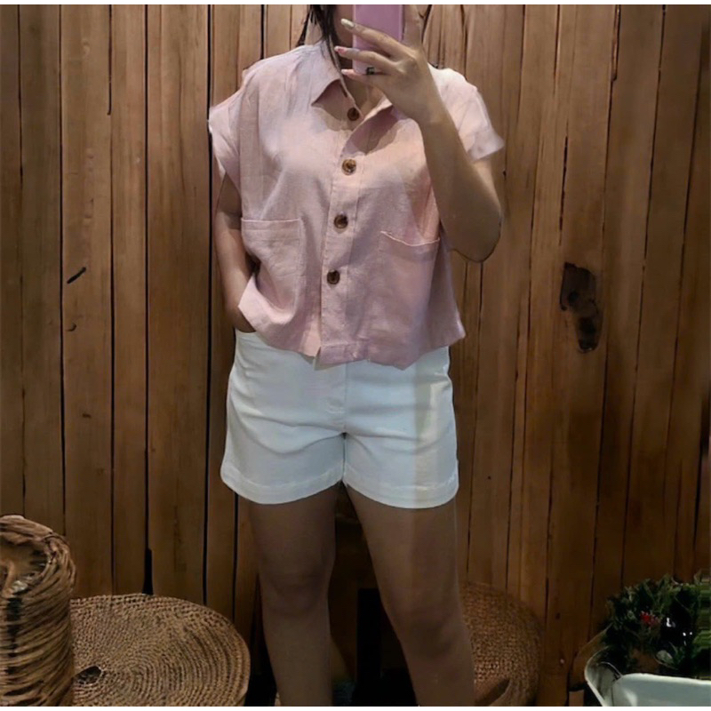 Áo sơ mi kiểu tay ngắn vải linen