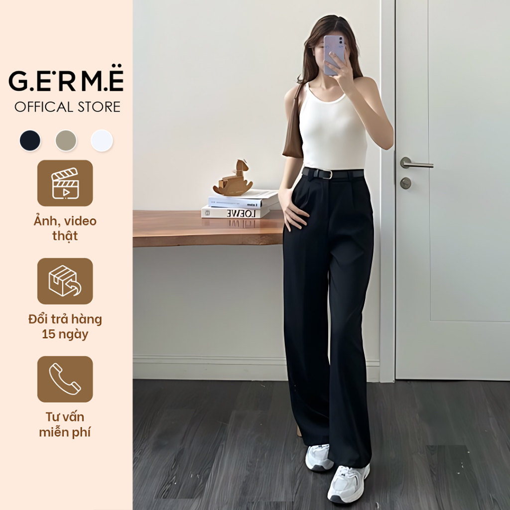 Quần Vải Nữ Ống Rộng Xếp Ly Đai Đỉa Lưng Cao, Quần Ống Rộng Cạp Cao Kèm Thắt Lưng Thiết Kế Cá Tính q238401 By Germe