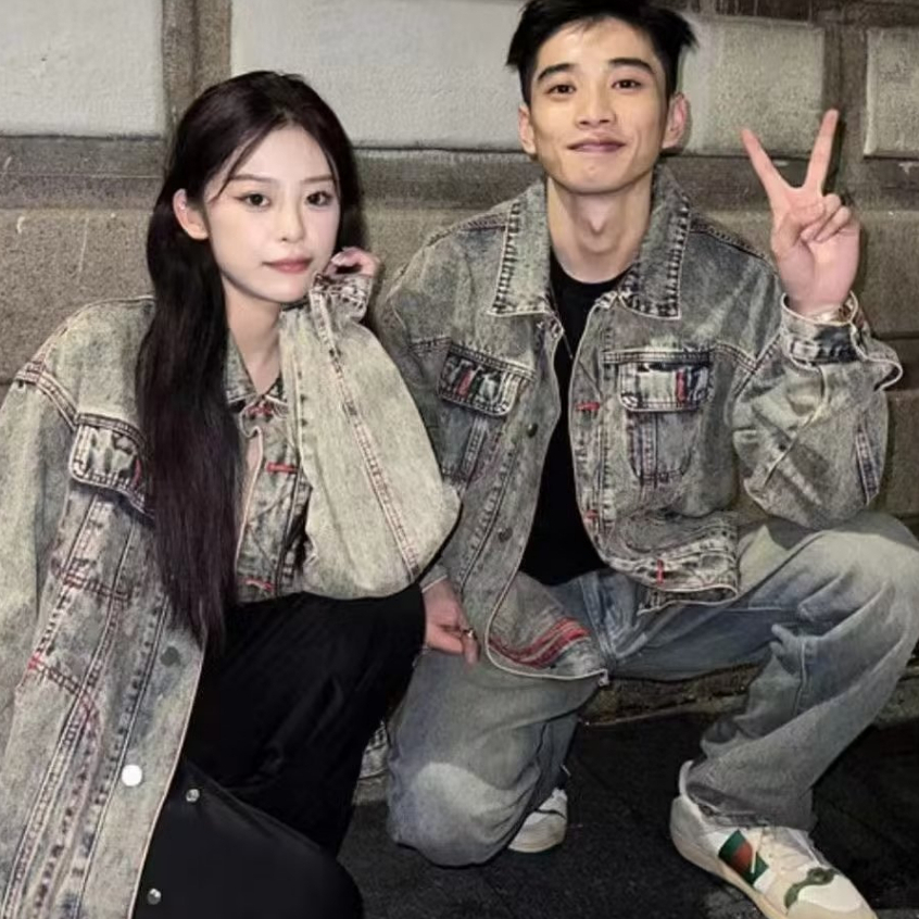 Áo jean khoác denim nam nữ unisex dáng rộng thêu chỉ đỏ áo jacket jean nam nữ phong cách đường phố 2721