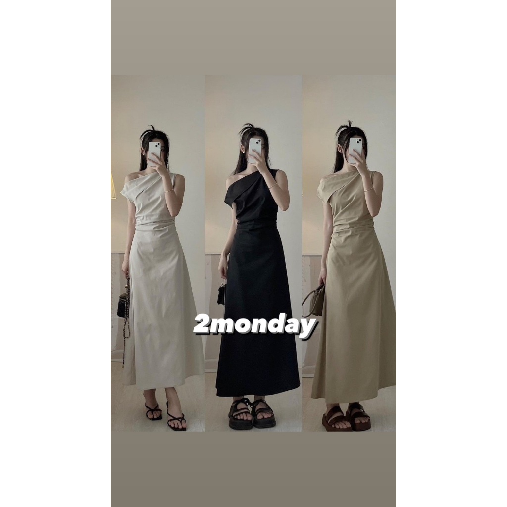 [SẴN/VIDEO] ĐẦM VÁY LỆCH VAI THIẾT KẾ XẾP LY NHÚN EO KAKI 2 DA THÔ MỀM DÁNG DÀI