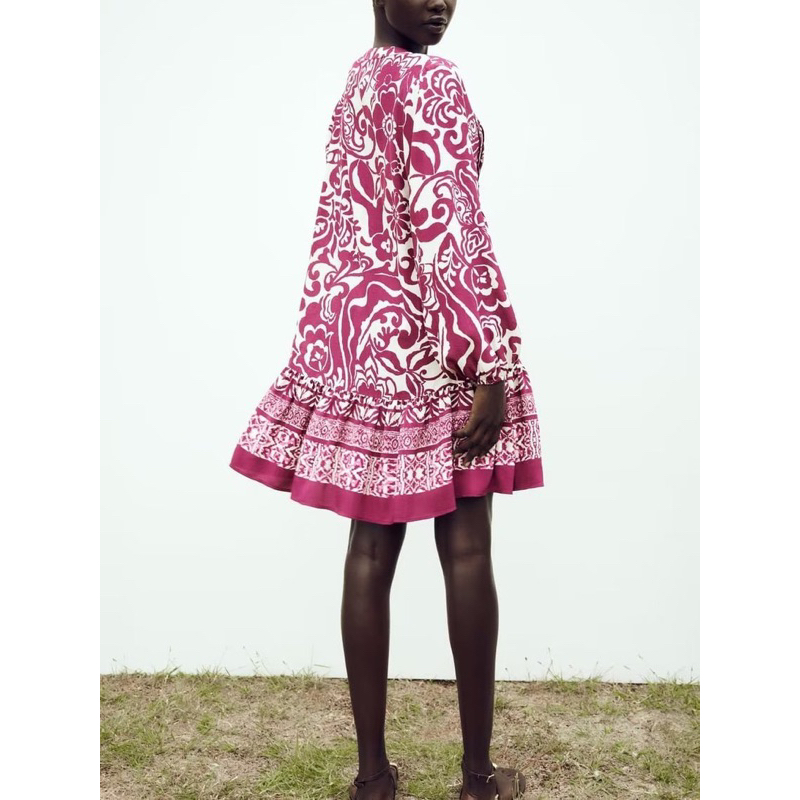 Đầm hoạ tiết zara xuất dư cổ V dáng babydoll cổ tay bo chun phong cách vintage