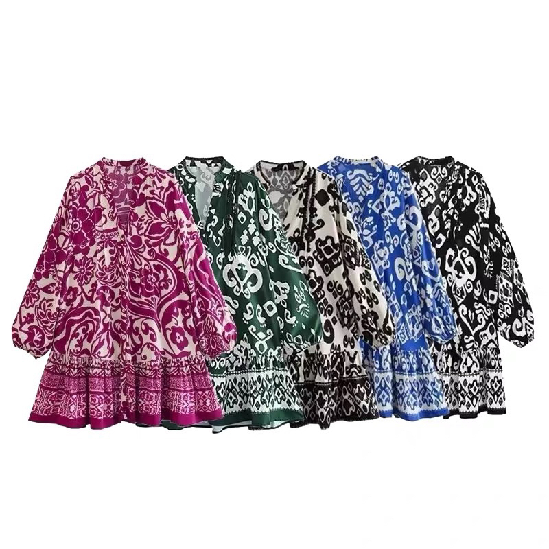 Đầm hoạ tiết zara xuất dư cổ V dáng babydoll cổ tay bo chun phong cách vintage